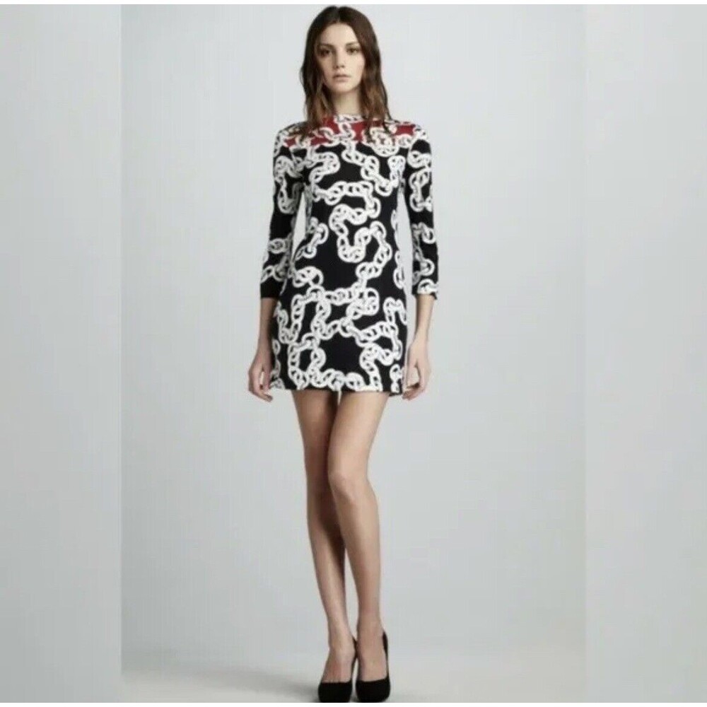 DIANE VON FURSTENBERG Ruri Dress 3/4 Sleeve Mini Chain Link Silk Jersey DVF Sz 4